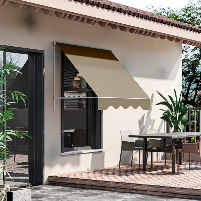 Outsunny 6' Drop Arm Manual Retractable Window Awning Sun Shade Shelter for Patio Balcony Outdoor, Aluminum, Can Cover 2 Windows, Cream White