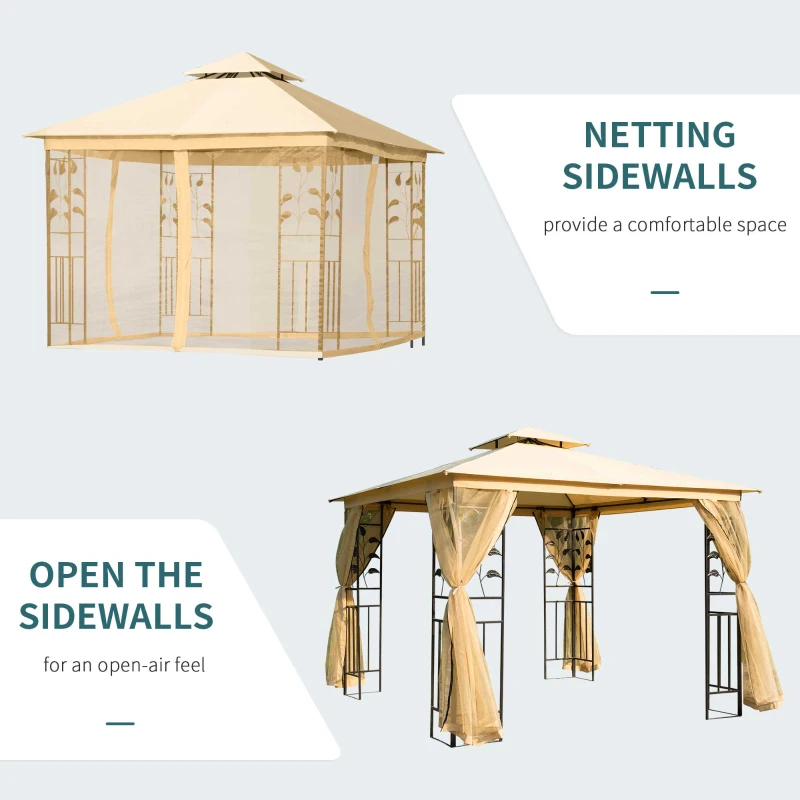Outsunny 10'x10' Soft-top Steel Patio Gazebo Outdoor Sun Shelter with 2-Tier Polyester Roof, Curtain Sidewalls, Beige
