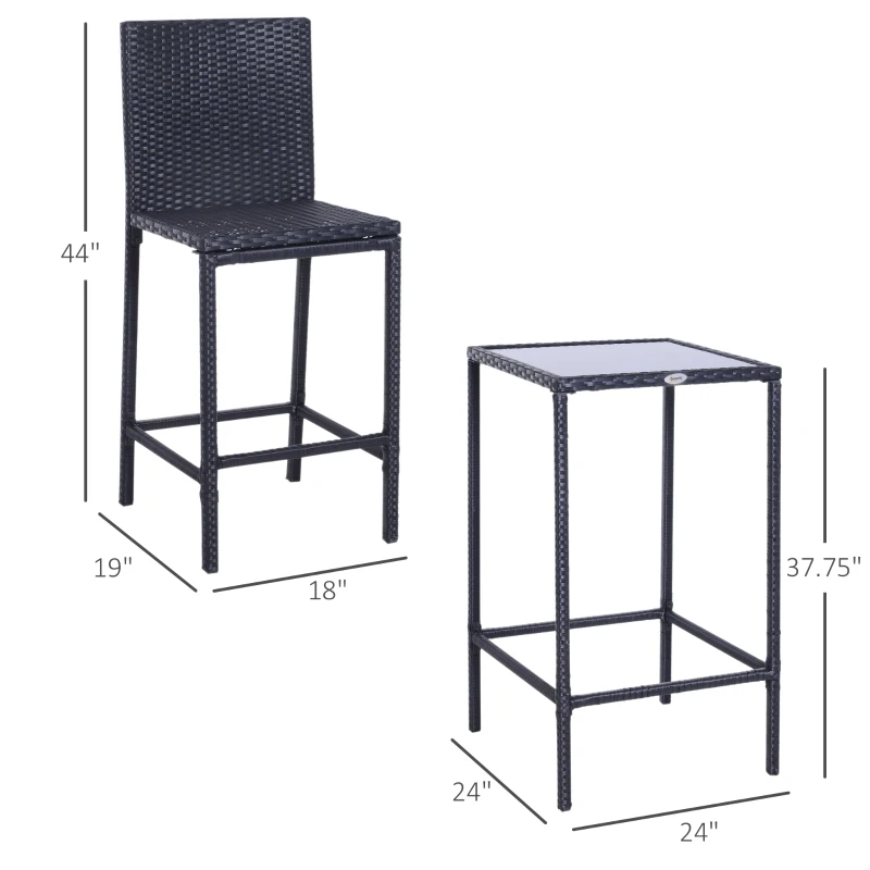 Outsunny 3 PCS Rattan Bar Set with Glass Top Table, 2 Bar Stools for Outdoor, Patio, Garden, Poolside, Backyard