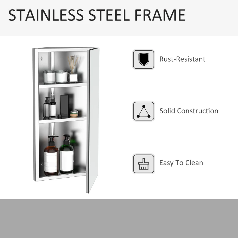 HOMCOM Wall mounted Bathroom Corner Mirror Storage Cabinet Stainless Steel with Single Door