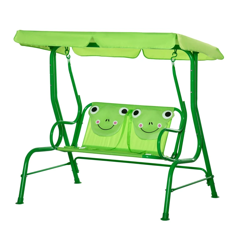 Outsunny Kids Patio Swing, Adjustable Canopy Swing Glider, Kids Outdoor Swing Chair with 2 Seats, Seat-Belted Safety, Green