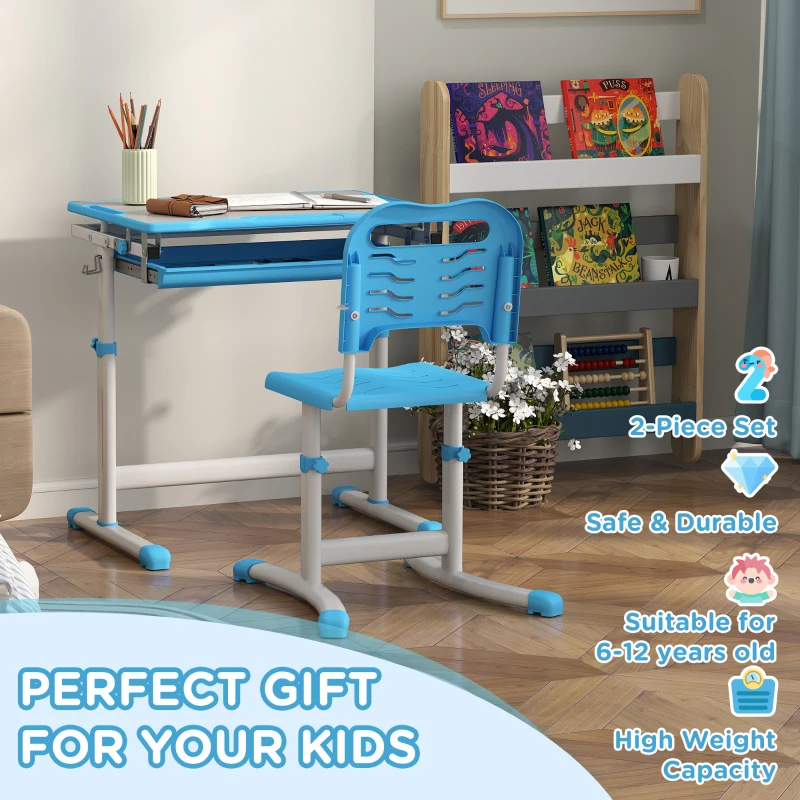 Qaba Height Adjustable Kids Desk and Chairs Set with Tilt Desktop, Storage Drawer, Pen Slot, Hook, Blue