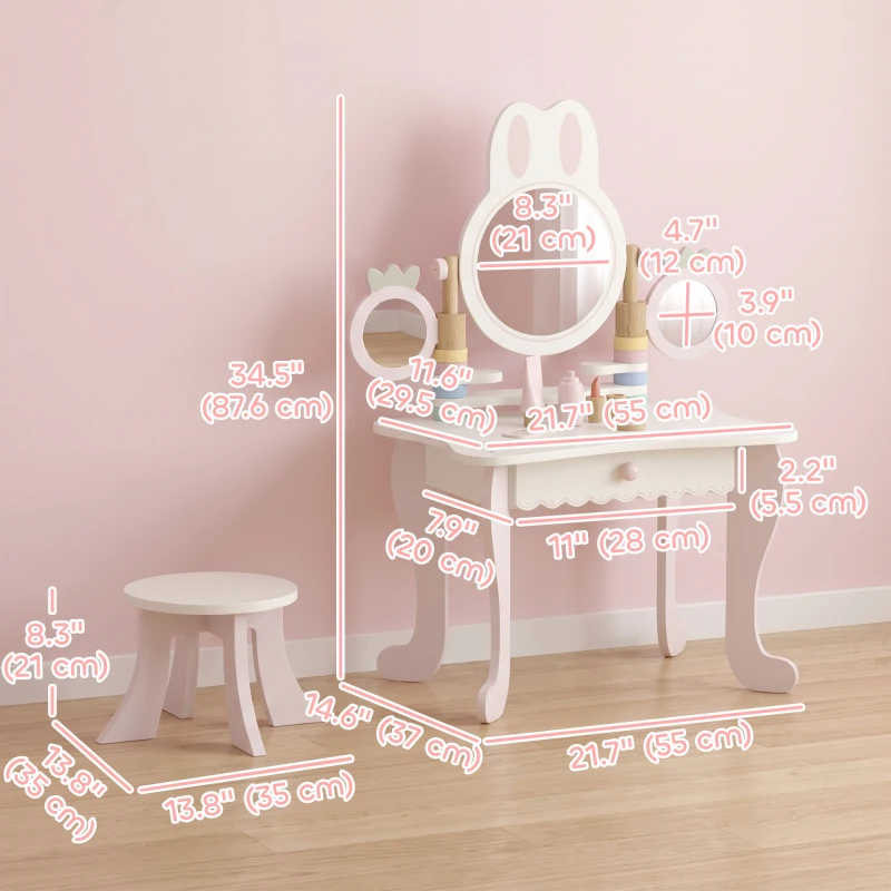 Qaba Kids Vanity Set, Kids Makeup Vanity Table and Chair with Triple Mirrors, 5 Pcs Accessories and Drawer for Girls 3+, Pink