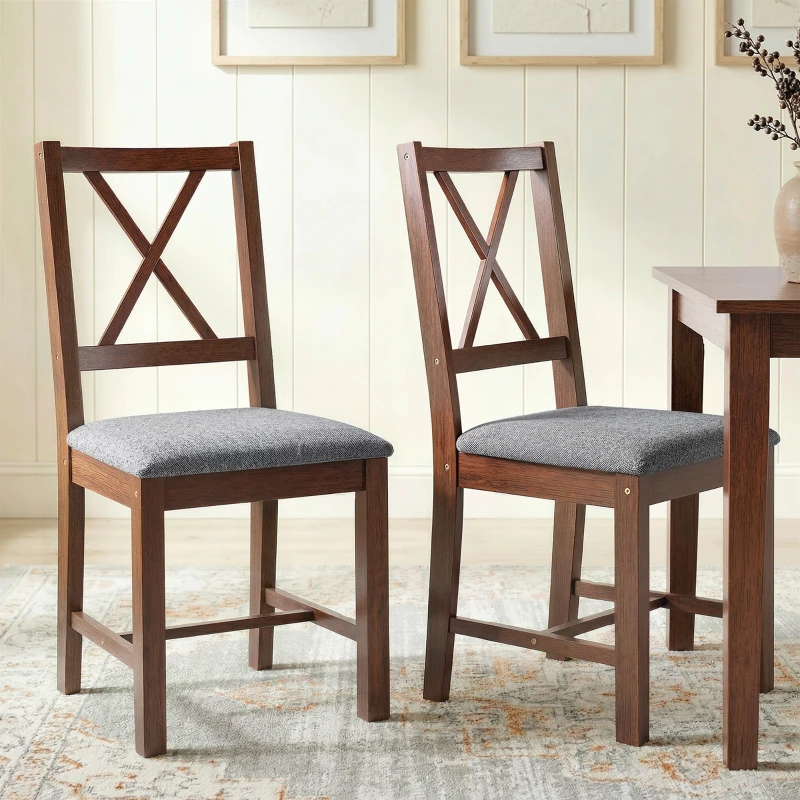 HOMCOM Set of 2 Dining Chairs, Upholstered X-Back Dining Room Chairs with Rubberwood Legs and Padded Seat, Walnut
