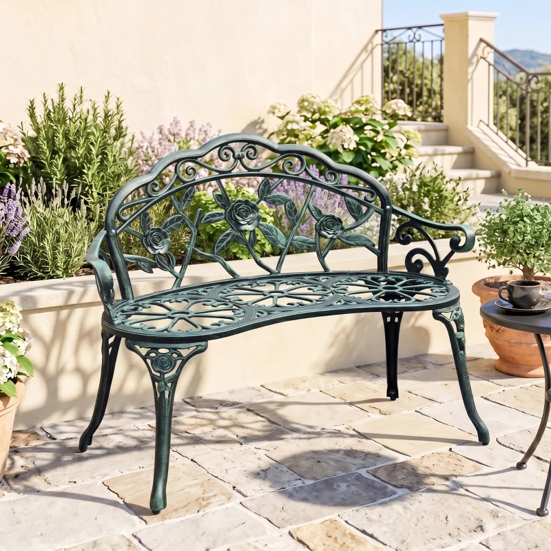 Outsunny Outdoor Bench, Cast Aluminum Outdoor Furniture, Metal Bench with Floral Rose Accent & Antique Finish, Green