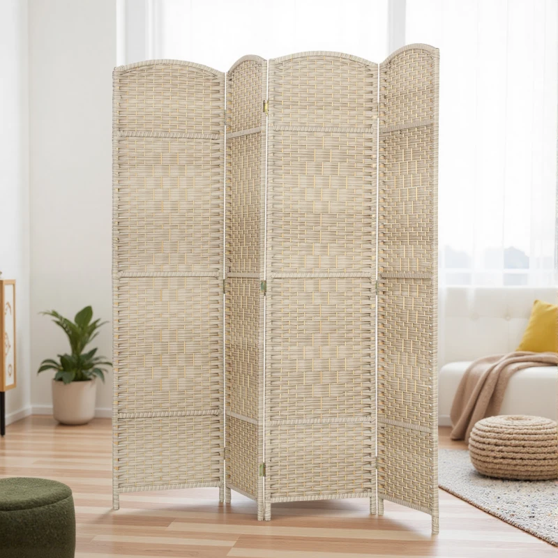 HOMCOM 6 Ft Tall Folding Room Divider, 4 Panel Portable Privacy Screen, Hand-Woven Partition Wall Divider, Light Oak
