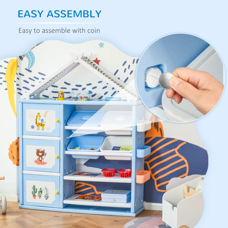 Qaba Kids Toy Storage Organizer with 4 Bins, Storage Cabinets, Bookshelf and 4-Layers Toy Collection Shelves, Blue