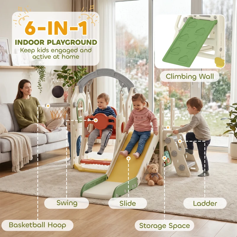 Qaba 6-in-1 Toddler Slide and Swing Set with Adjustable Swing Seat, Ladder, Climbing Wall, Basketball Hoop for Indoor Outdoor