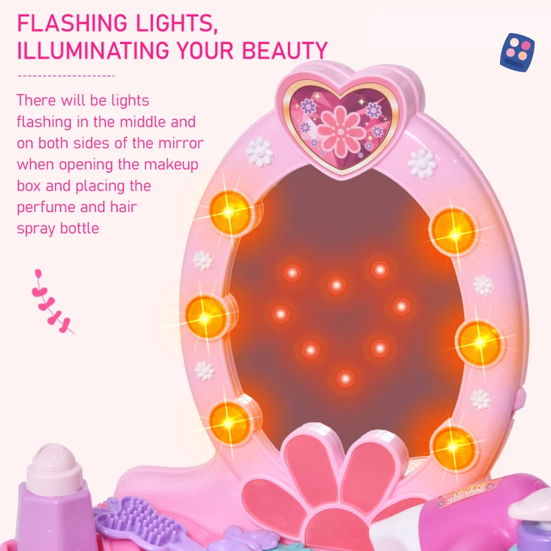 Qaba Kids Vanity Table and Chair Beauty Pretend Play Set with Mirror Lights Sounds & Pretend Beauty Makeup Accessories for Girls 3+ Years Old