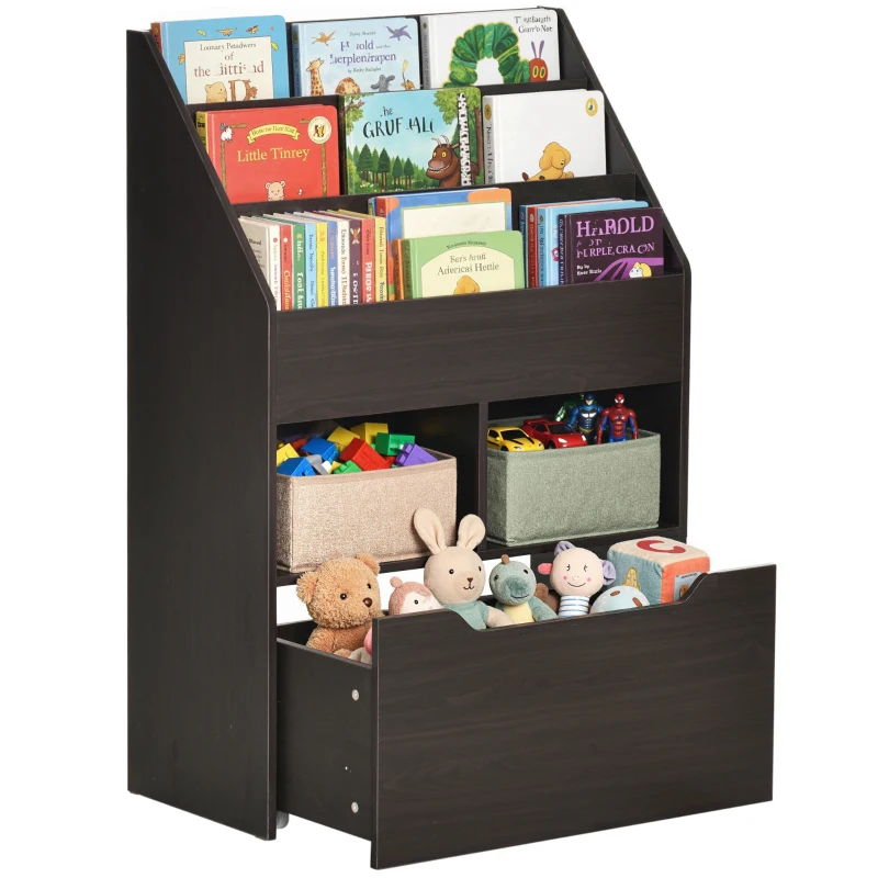 HOMCOM Kids Bookshelf Bookcase, Montessori-Inspired 4 Tier Large Capacity Rack Organizer with Moveable Drawer for Books for Reading Nook, Classroom, Bedroom, Playroom, Brown