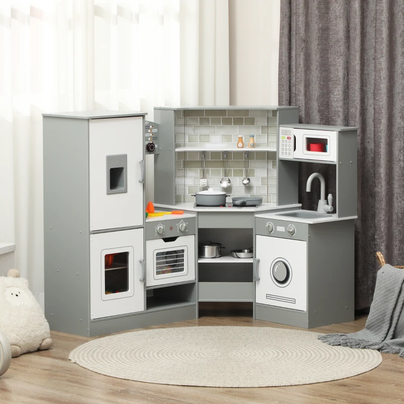 Qaba Corner Play Kitchen, Pretend Play Kitchen Set with Lights & Sounds, Stove Ice Maker Microwave Oven