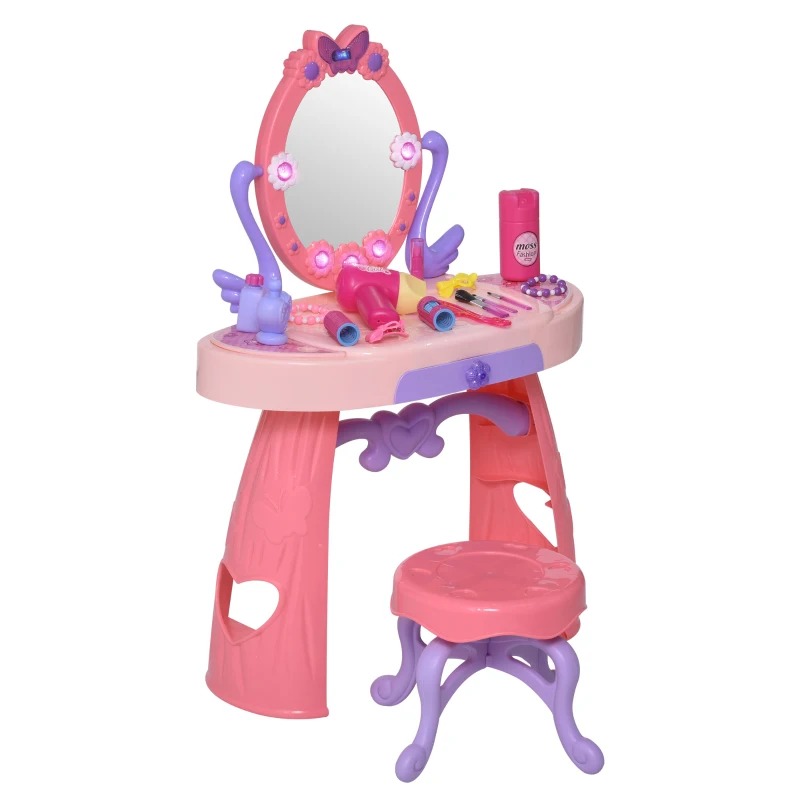 Qaba Kids Vanity Table and Stool Beauty Pretend Play Set with Mirror Lights Sounds & Pretend Beauty Makeup Accessories for Girls 3+ Years Old Pink