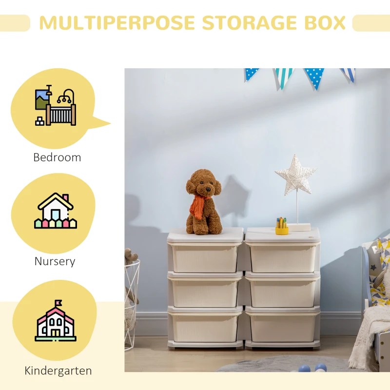 Qaba 3 Tier Kids Storage Organizer with 6 Drawers for Bedroom, Nursery, Kindergarten, Living Room, Boys and Girls, Cream