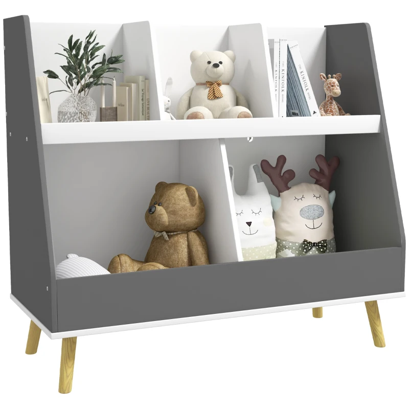 Qaba 2 Tier Kids Toy Storage Organizer with 5 Compartments, Anti-tip Device, for Nursery, Playroom, Grey
