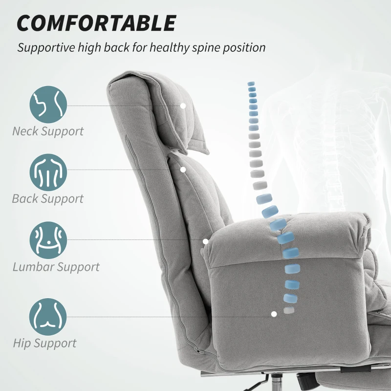 HOMCOM High Back Office Chair, Reclining Desk Chair with Footrest, Swivel Base, Rolling Wheels, Light Grey