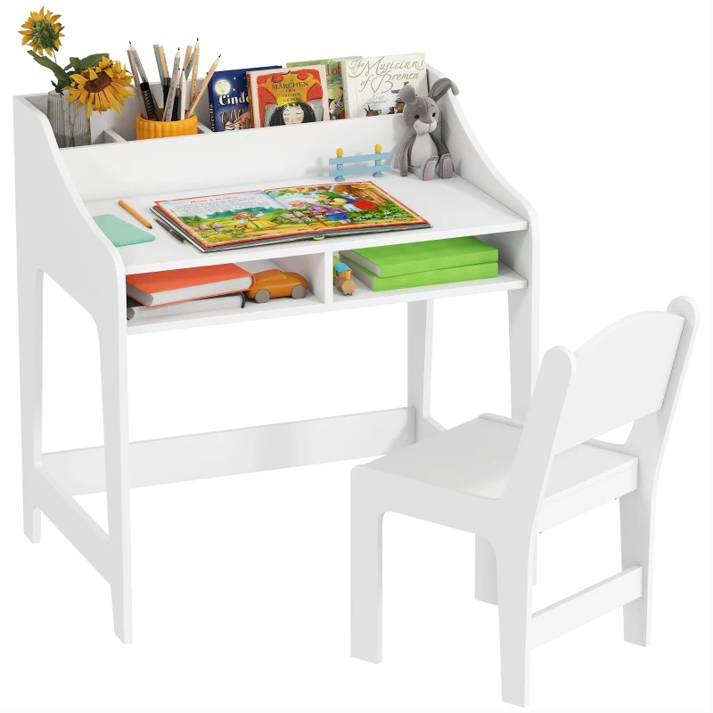 Qaba Kids Desk and Chair Set with Storage and Shelves, for Bedroom & Study Room, Gift for 3-8 Years Old, White