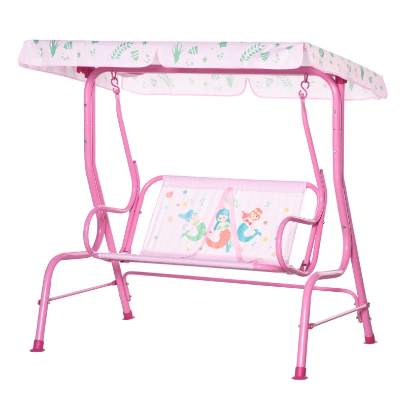 Outsunny 2-Seat Kids Porch Swing Chair, Children Outdoor Patio Furniture Lounge Chair for Garden, with Adjustable Canopy, Seat Belt, Mermaid Pattern, for 3-6 Years Old, Pink