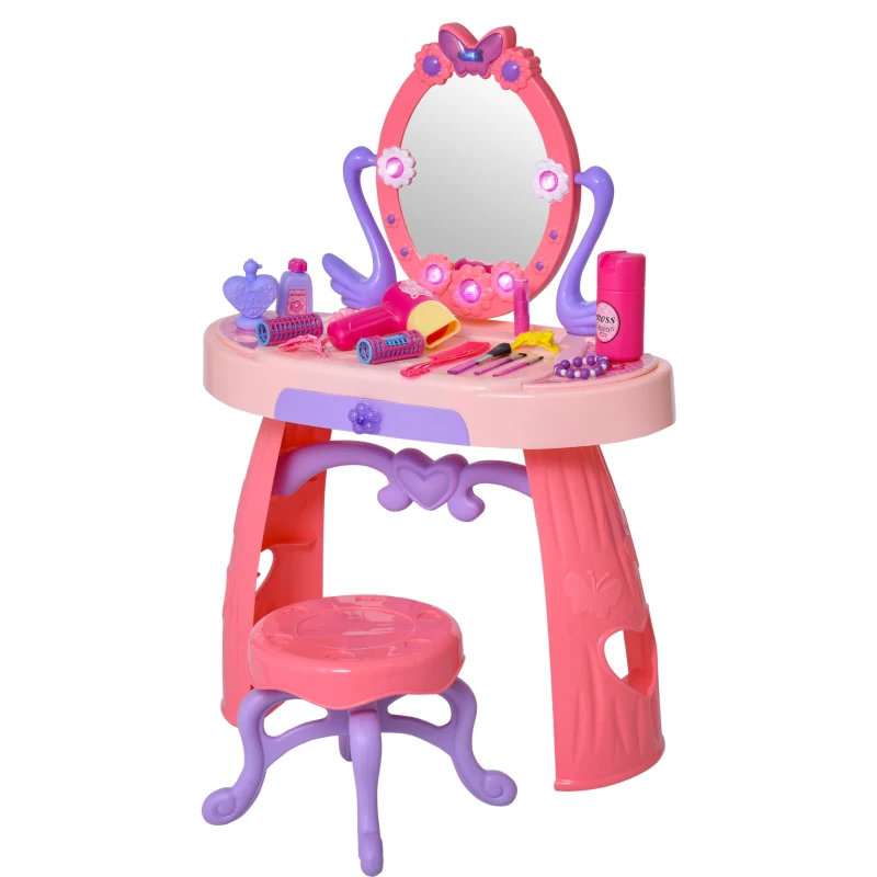 Qaba Kids Vanity Table and Stool Beauty Pretend Play Set with Mirror Lights Sounds & Pretend Beauty Makeup Accessories for Girls 3+ Years Old Pink