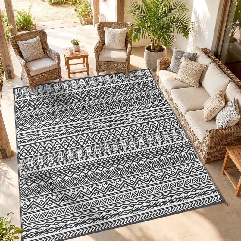 Outsunny Reversible Outdoor Rug Carpet RV Camping Rugs with Carry Bag, 8' x 10', Gray & Cream White Boho