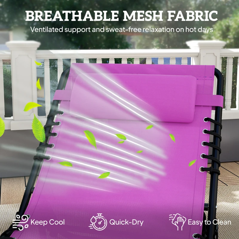 Outsunny 2 Folding Chaise Lounge Pool Chairs with 4-Position Reclining Back, Pillow, Breathable Mesh & Bungee Seat, Purple