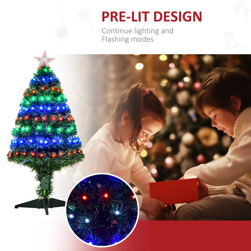HOMCOM 3ft Tall Douglas Fir Pre-Lit Artificial Christmas Tree with Realistic Branches, 90 Multi-Color LED Lights, Fiber Optics and 90 Tips