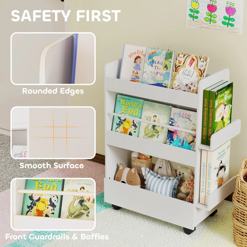 Qaba Kids Bookshelf, Kids Bookcase with Wheels & Blackboard, for Nursery, Kids Room, Playroom, for 3-8 Years