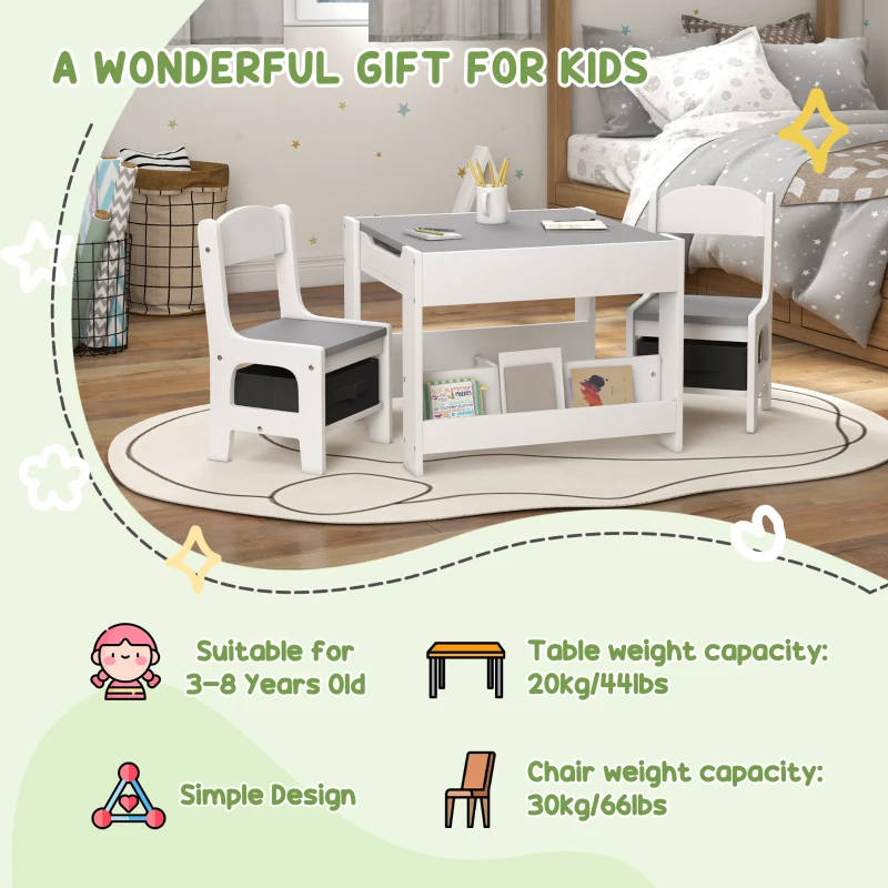 Qaba 3 Piece Kids Table and Chair Set with Reversible Tabletop, Blackboard, Storage, Bookshelf, for Playroom, Nursery, Grey