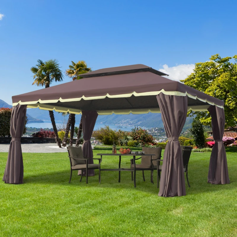 Outsunny 10' x 13' Patio Gazebo, Aluminum Frame Double Roof Outdoor Gazebo Canopy Shelter with Netting & Curtains, Coffee