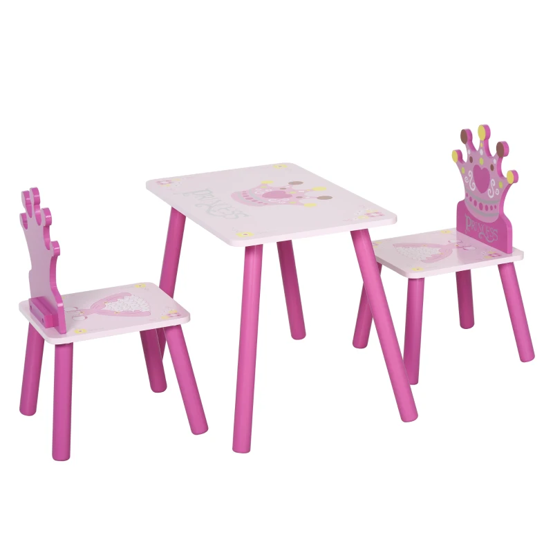 Qaba 3-Piece Set Kids Wooden Table Chair with Crown Pattern Easy to Clean Gift for Girls Toddlers Age 2-4 Years Old Pink