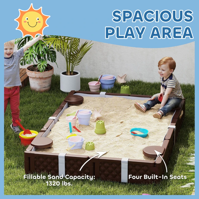 Qaba Kids Sandbox with Cover, 4 Corner Seats, Bottom Liner for Backyard, Garden, Outdoor, 73" x 47" x 9", Dark Brown