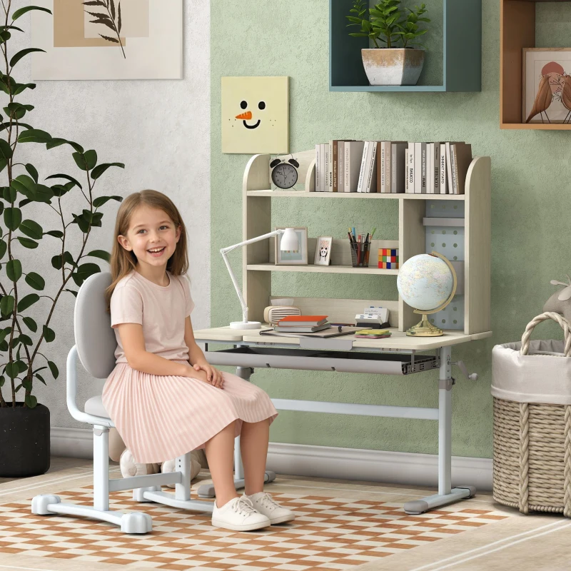 Qaba Kids Study Desk and Chair Set with Adjustable Height, Tiltable Desktop, Hutch and Drawer for Ages 3-12, Gray