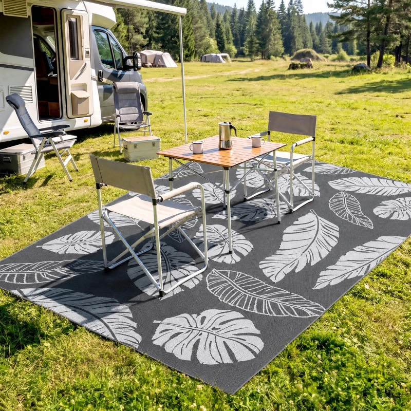 Outsunny Reversible Outdoor RV Rug, Patio Floor Mat, 6' x 9' Plastic Rug for Backyard, Deck, Beach, Camping, Grey and White