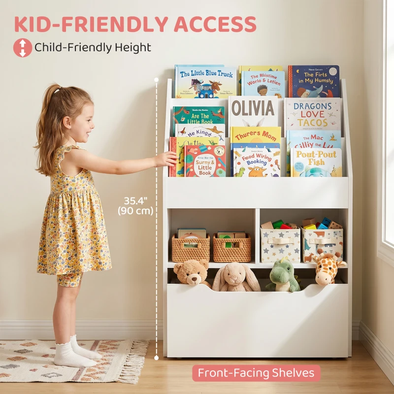 HOMCOM Kids Bookshelf Bookcase, Montessori-Inspired 4 Tier Large Capacity Rack Organizer with Moveable Drawer for Books for Reading Nook, Classroom, Bedroom, Playroom, White