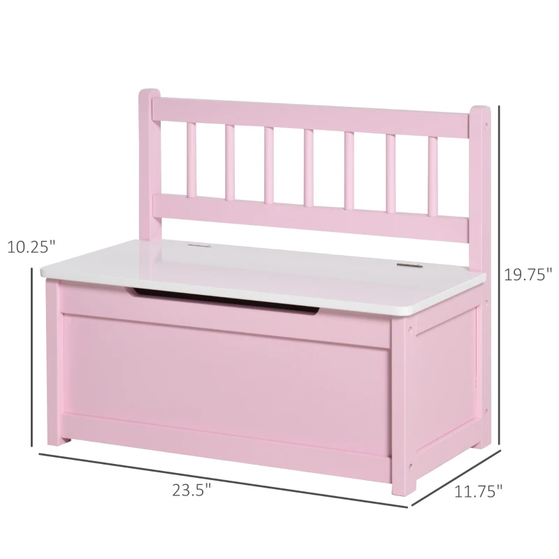 Qaba Toy Box Chest, Kids Storage Bench with Large 27 L Interior, Toy Organizer with Top Lid, and Backrest, Kids Bedroom Furniture for Nursery Room, Playroom, Bedroom, 24" x 12" x 20", Pink