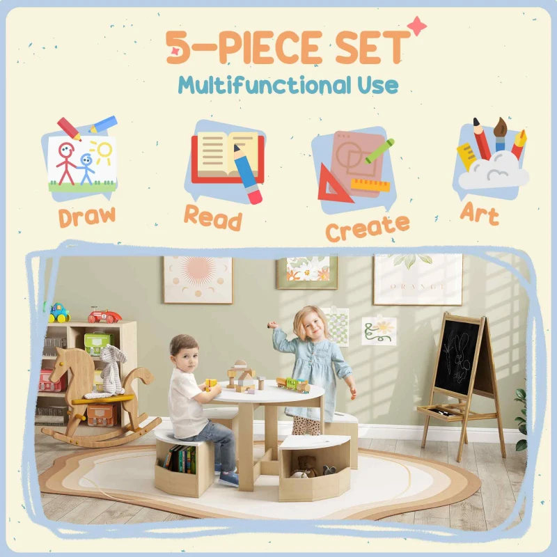 Qaba 5 Piece Kids Table and Chair Set with Storage for Kids Room, White