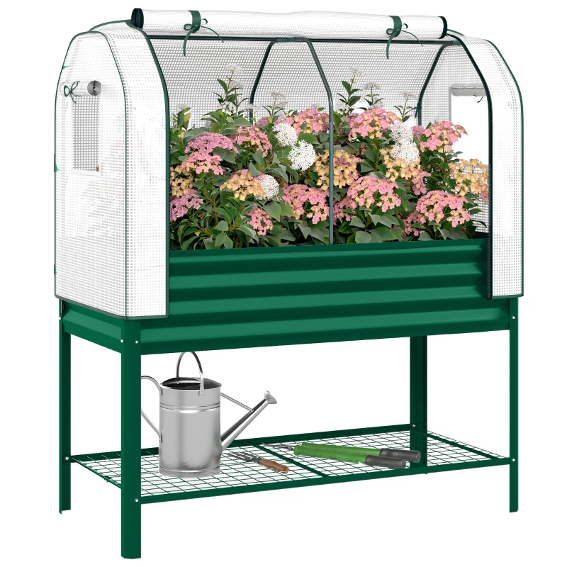Outsunny Galvanised Raised Garden Bed with Greenhouse Cover, Metal Elevated Garden Bed with Bed Liner, Bottom Shelf, Green