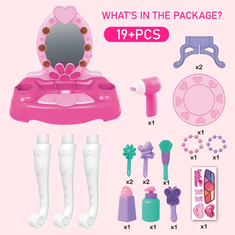 Qaba Kids Vanity Table and Chair Beauty Pretend Play Set with Mirror Lights Sounds & Pretend Beauty Makeup Accessories for Girls 3+ Years Old