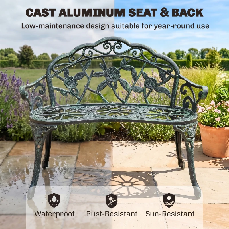 Outsunny Outdoor Bench, Cast Aluminum Outdoor Furniture, Metal Bench with Floral Rose Accent & Antique Finish, Green