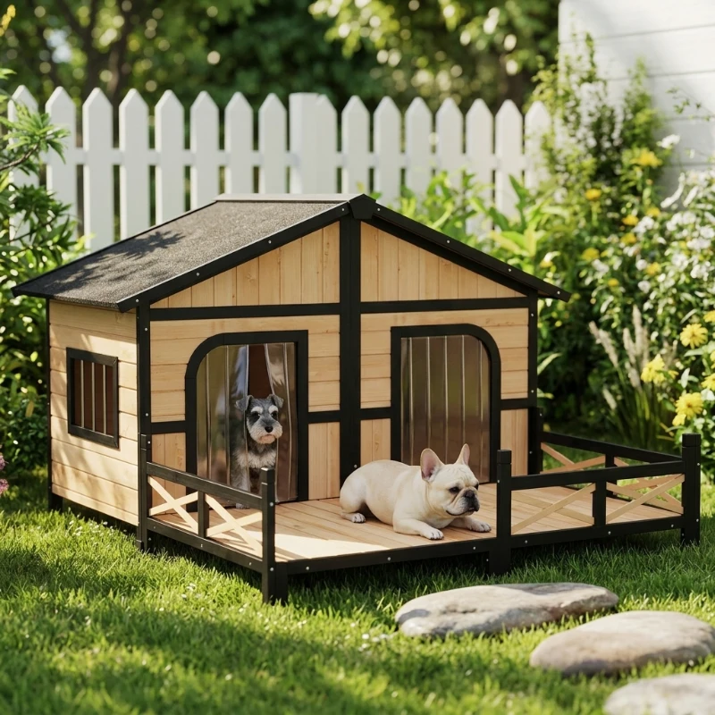 PawHut Dog House Outdoor, Wooden Dog Kennel Weatherproof with Porch, Openable Roof, Removable Bottom, Elevated Floor, Double Room for 2 Small to Medium Breeds, Natural(m-10)