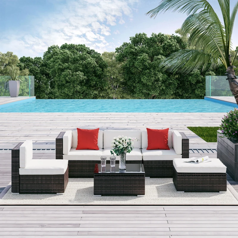 Outsunny 6 Piece Patio Furniture Set Outdoor Wicker Conversation Set All Weather PE Rattan Sectional Sofa Set with Ottoman, Cushions and Tempered Glass Table, Mixed Brown and Cream White