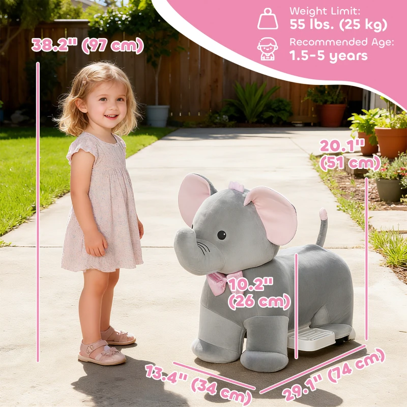 Qaba 6V Kids Ride on Toy, Ride on Horse Elephant with Music, Soft Touch, Silent PU Wheels, Forward, for 1.5-5 Years