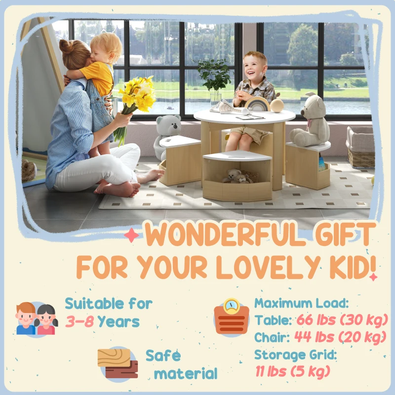 Qaba 5 Piece Kids Table and Chair Set with Storage for Kids Room, White