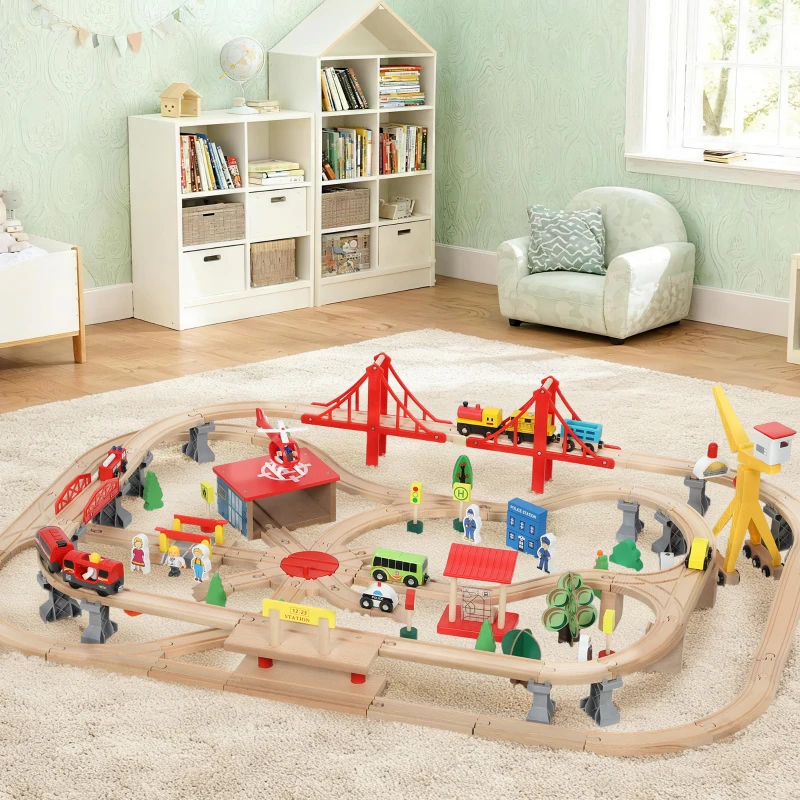 Qaba 133 Pcs Wooden Train Set with Track, Battery Towered Train, Crane, Bridge & Accessories, for Kids 3+ Years Old