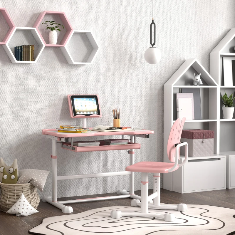 Qaba Height Adjustable Kids Desk and Chair Set with Tilt Desktop, Large Writing Board, Storage Drawer, Book Stand, Pink