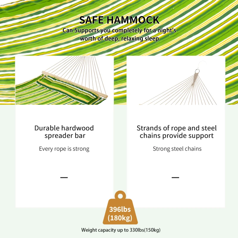 Outsunny 75" Patio Outdoor Hammock, Striped Camping Hammock Lounge Bed Garden w/ Pillow, Green