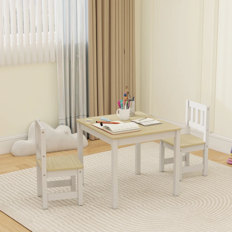 Qaba Kids Table and Chairs Set, Toddler Table and 2 Chair Set for Activity, Art, Craft, Reading, Learning, Natural