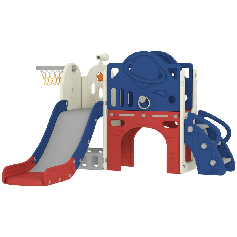 Qaba 8-in-1 Toddler Slide Set with Basketball Hoop, Indoor Outdoor Playground Playset for Kids, Blue