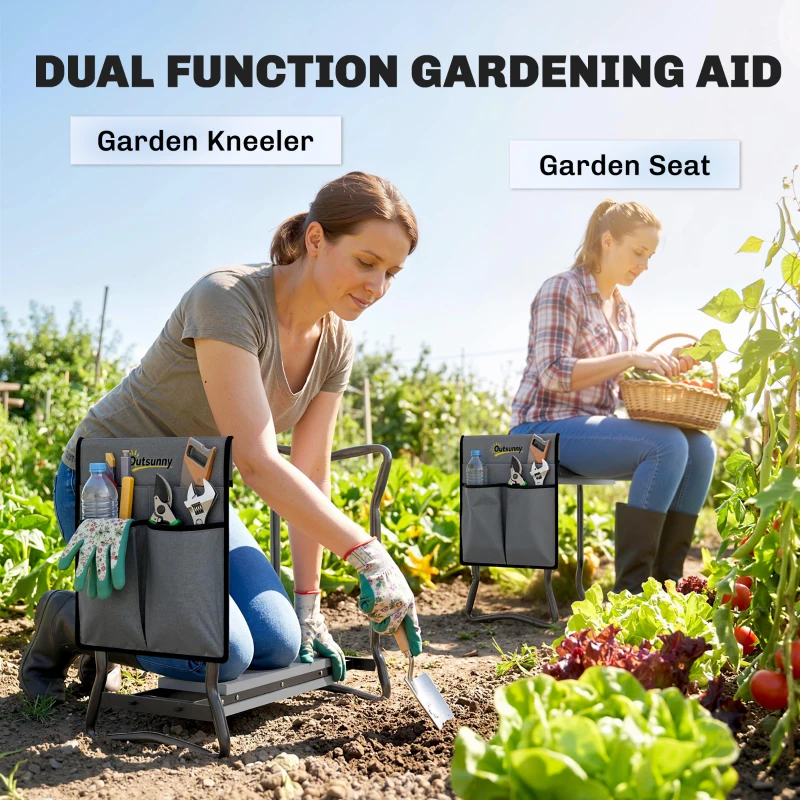 Outsunny 2-In-1 Garden Kneeler and Seat, Heavy Duty Foldable Garden Stool with Soft EVA Pad and Tool Pouch, Gray