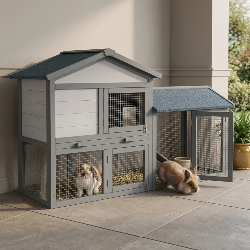 PawHut 58" Large Rabbit Hutch Outdoor Indoor, Wooden Bunny Hutch, Guinea Pig Cage with Run, Removable Tray, Asphalt Roof, Lockable Doors and Ramp, for 1-2 Small Rabbits, Chickens, Ducks, Dark Gray