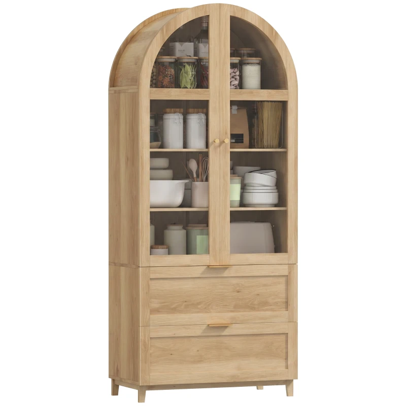HOMCOM Arched Kitchen Pantry Cabinet, 71" Tall Farmhouse Kitchen Storage Cabinet with 2 Drawers, Acrylic Glass Doors, Oak